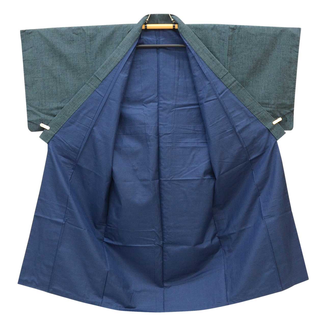 [Used] Recycled Kimono and Haori Set Ensemble for Men, Tsumugi Silk, Sleeve Length 69.5cm (27.4in), Body Length 144.0cm (56.7in), Size M, Green, with Obi Belt and Haori Cord, Men's uu2277b 