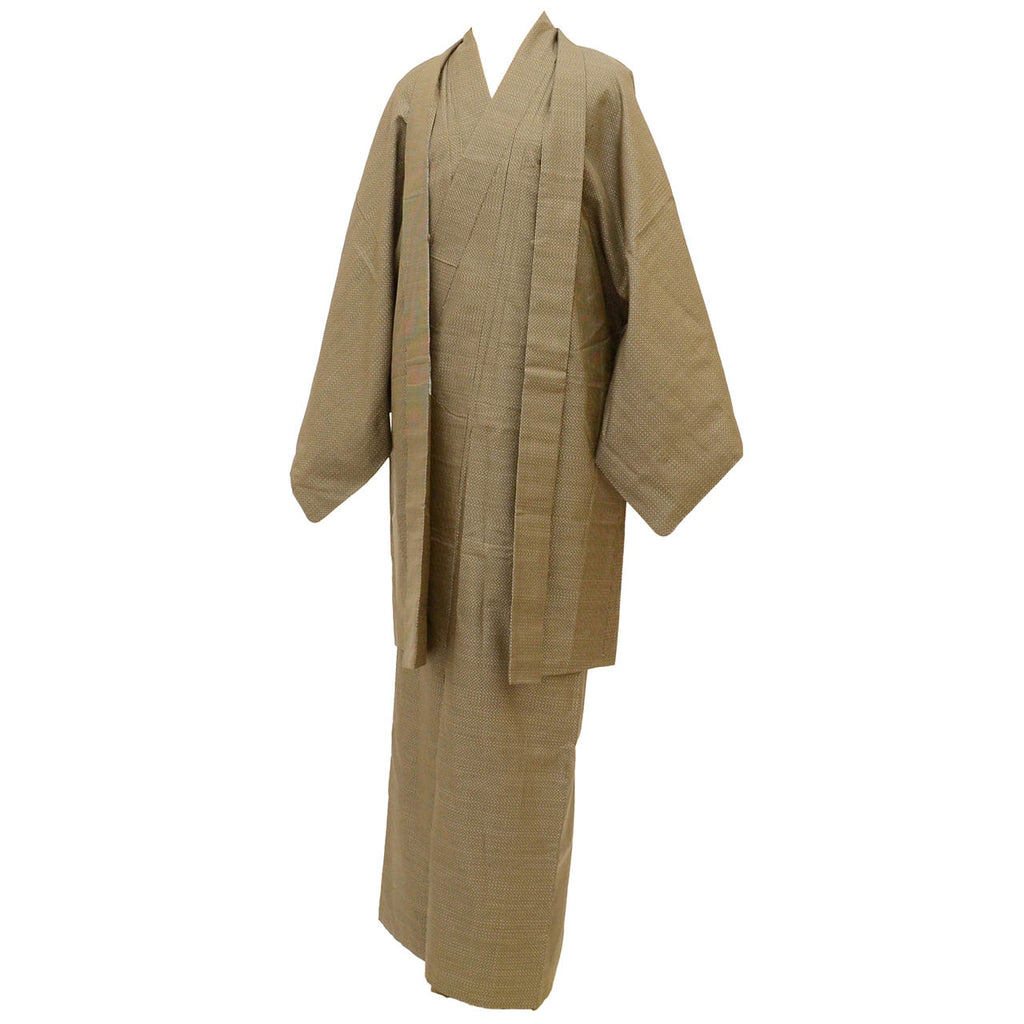 [Used] Recycled Kimono and Haori Ensemble for Men, Tsumugi Silk, Oshima Tsumugi, 100% Silk, Sleeve Length 68.0cm (26.8in), Body Length 149.0cm (58.7in), Size L, Brown Stripe Pattern, Men's uu2283b 