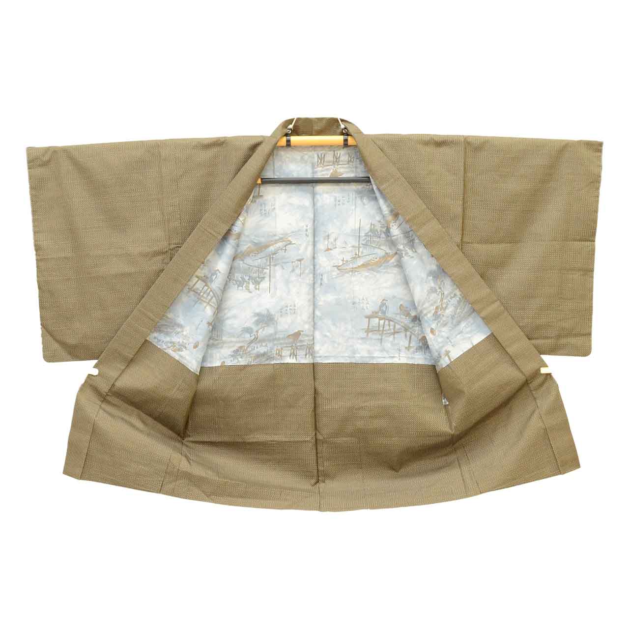 [Used] Recycled Kimono and Haori Ensemble for Men, Tsumugi Silk, Oshima Tsumugi, 100% Silk, Sleeve Length 68.0cm (26.8in), Body Length 149.0cm (58.7in), Size L, Brown Stripe Pattern, Men's uu2283b 