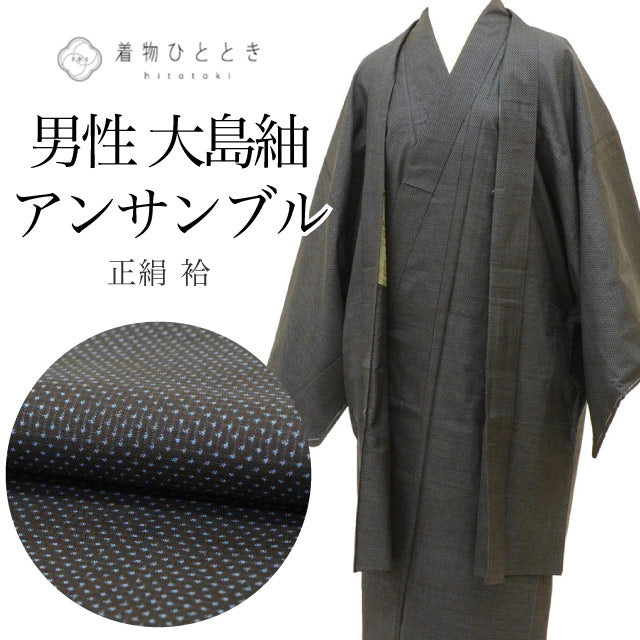 【中古】 リサイクル着物 羽織 アンサンブル 男性 大島紬 正絹 未使用品 裄67.5cm 身丈140.5cm M 紺色系 絣文様 メンズ uu2284b