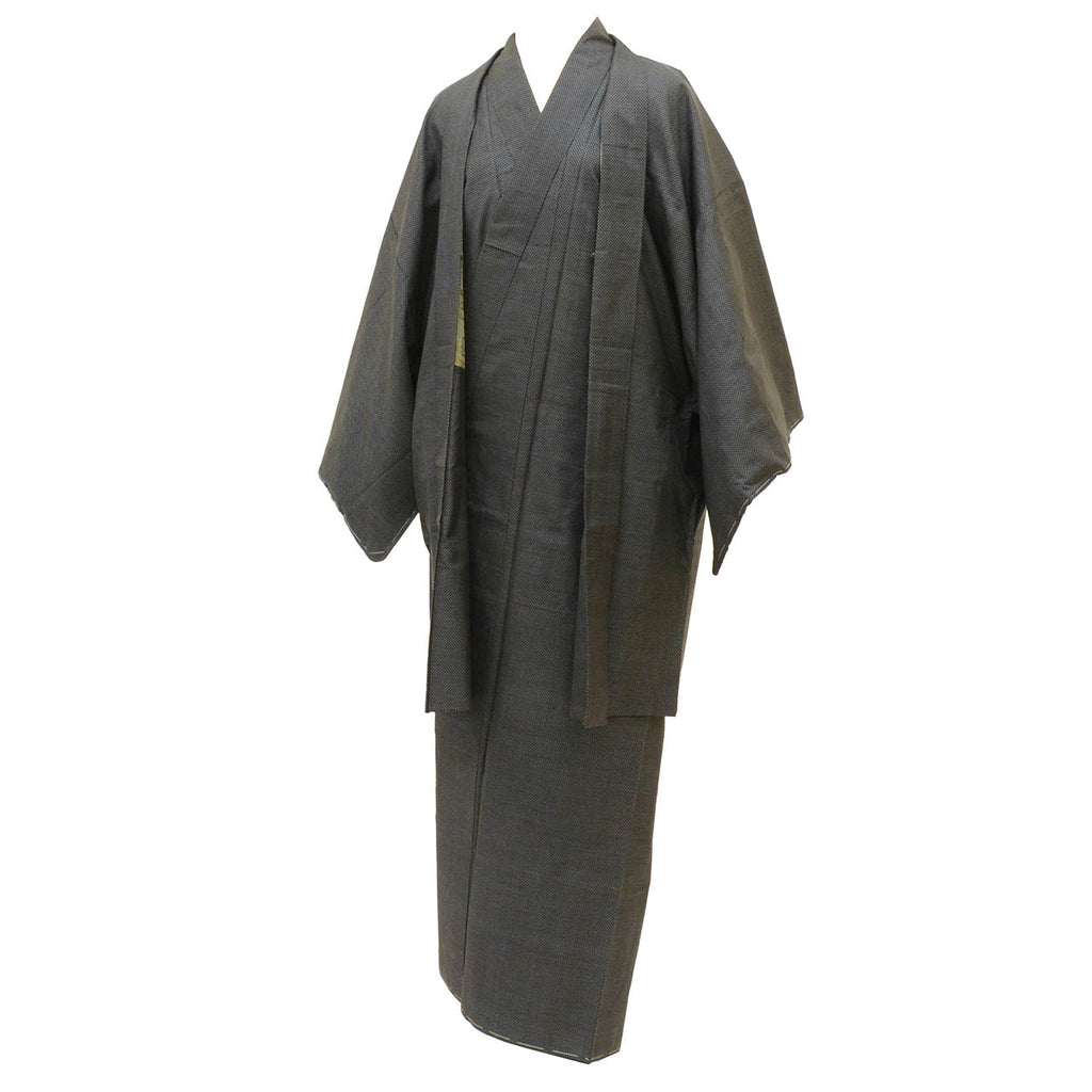 [Used] Recycled Kimono and Haori Ensemble for Men, Oshima Tsumugi Silk, Unused, Sleeve Length 67.5cm (26.6in), Body Length 140.5cm (55.3in), Size M, Navy Blue, Kasuri Pattern, Men's uu2284b 