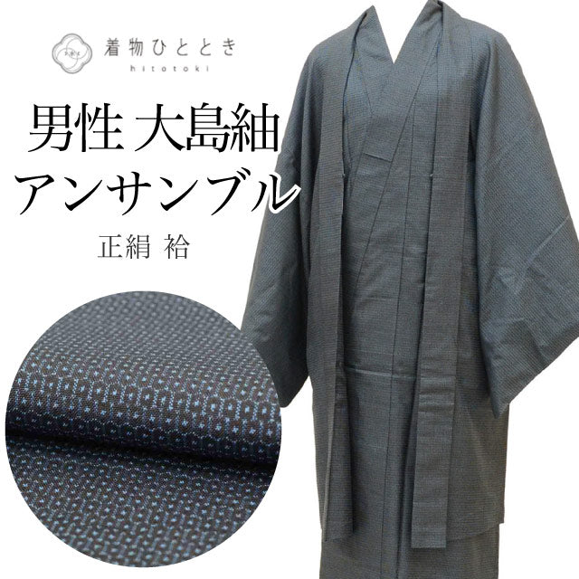 【中古】 リサイクル着物 羽織 セット アンサンブル 男性 大島紬 正絹 裄69cm 身丈146cm L 紺色系 亀甲絣文様 長襦袢付き メンズ uu2285b