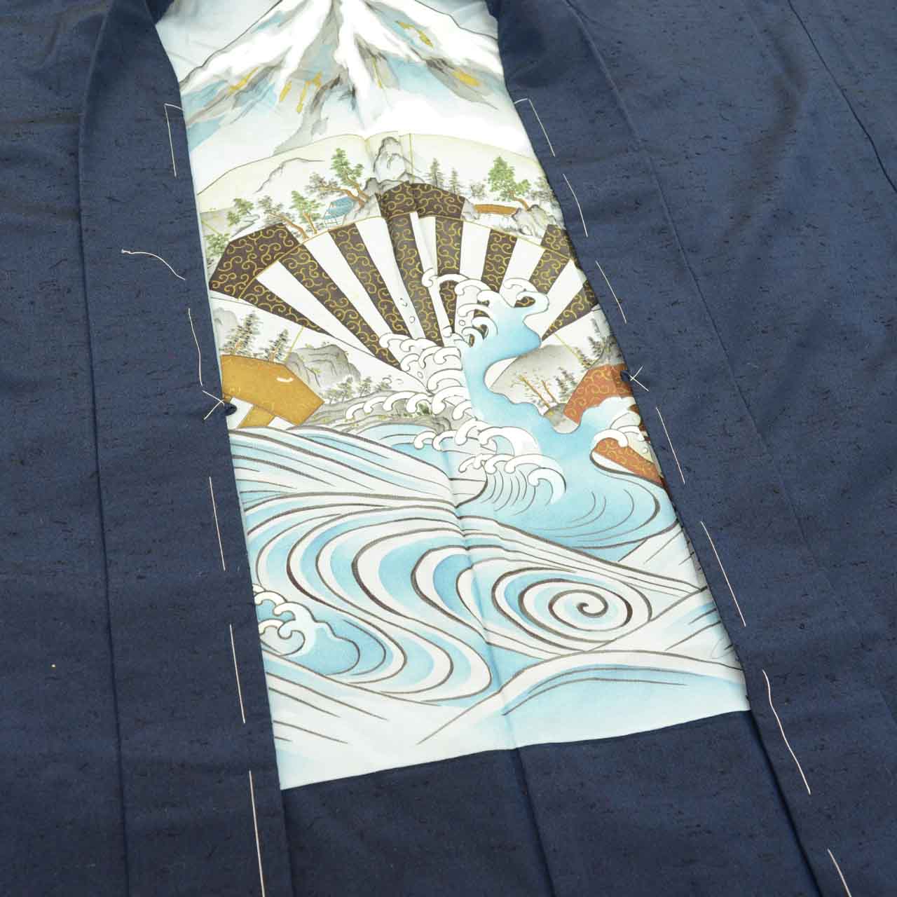 [Used] Recycled Kimono and Haori Ensemble for Men, Unused, Silk, Hige Tsumugi, Sleeve Length 67.5cm (26.6in), Body Length 145.0cm (57.1in), Size L, Navy Blue, Men's uu2286b 