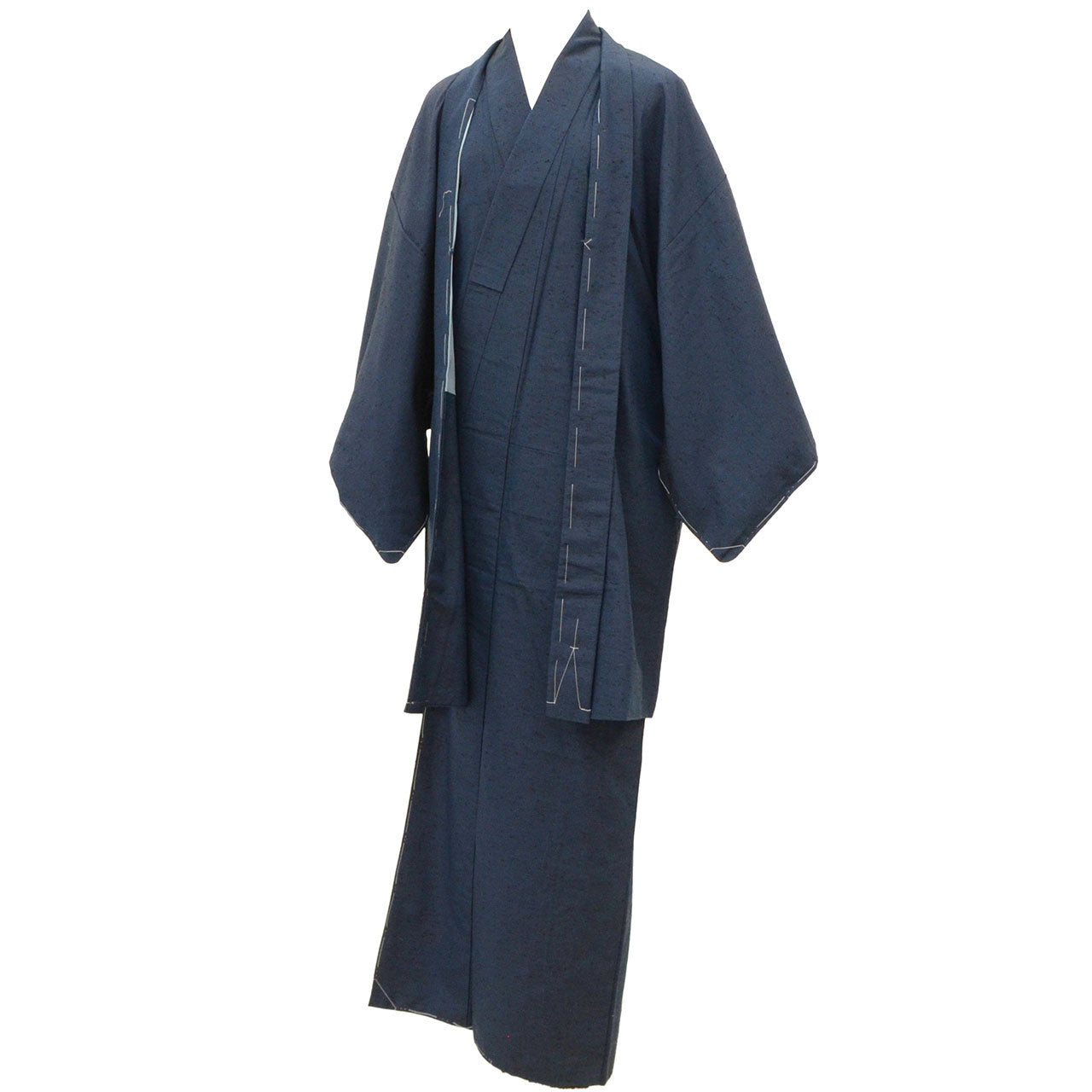 [Used] Recycled Kimono and Haori Ensemble for Men, Unused, Silk, Hige Tsumugi, Sleeve Length 67.5cm (26.6in), Body Length 145.0cm (57.1in), Size L, Navy Blue, Men's uu2286b 