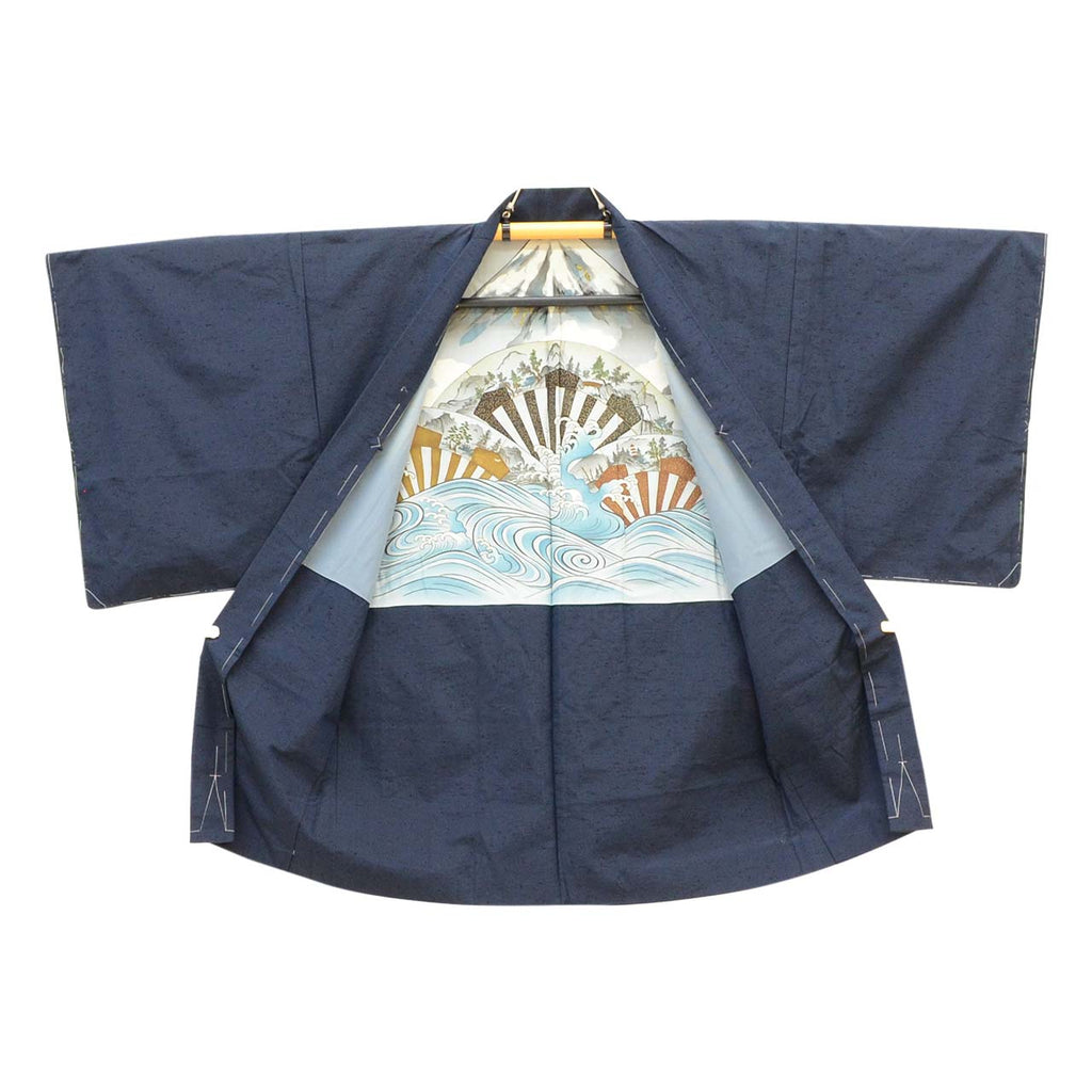 [Used] Recycled Kimono and Haori Ensemble for Men, Unused, Silk, Hige Tsumugi, Sleeve Length 67.5cm (26.6in), Body Length 145.0cm (57.1in), Size L, Navy Blue, Men's uu2286b 