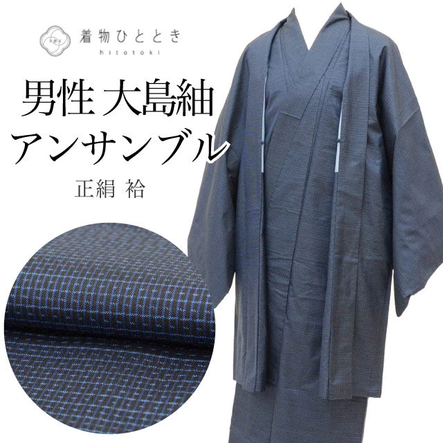 【中古】 リサイクル着物 羽織 アンサンブル 男性 大島紬 正絹 裄65.3cm 身丈143cm M 紺色系 緯絣文様 メンズ uu2287b