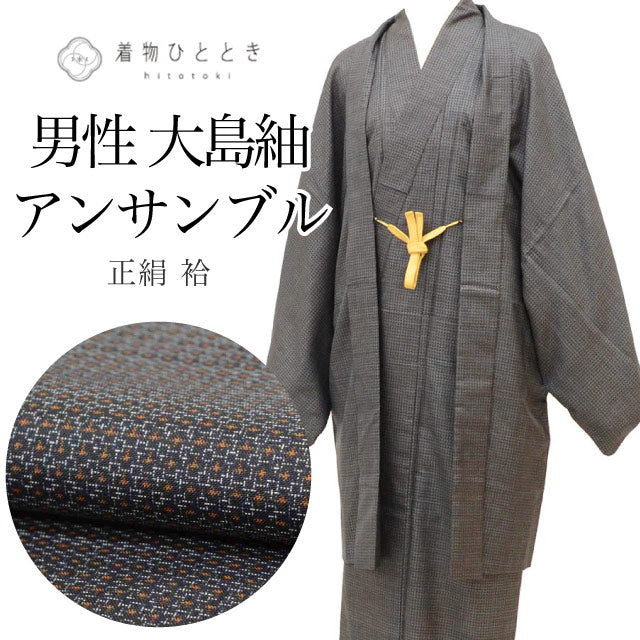 【中古】 リサイクル着物 羽織 セット アンサンブル 男性 大島紬 正絹 裄68.7cm 身丈143.5cm M 紺色系 絣文様 羽織紐付き メンズ uu2289b