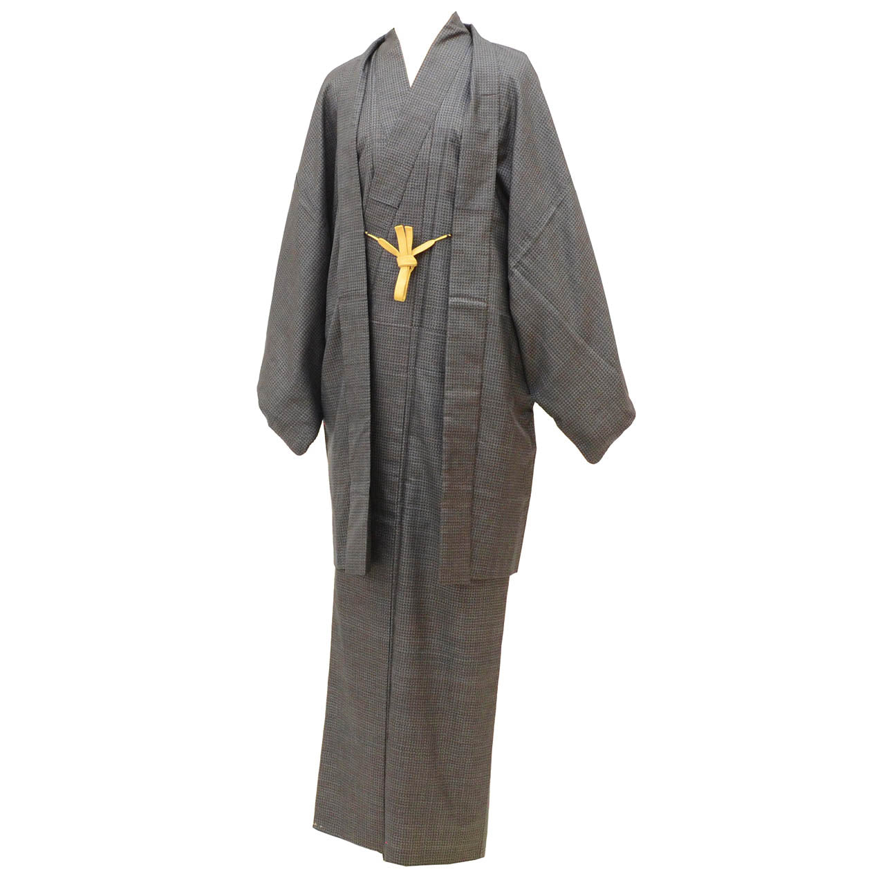 [Used] Recycled Kimono and Haori Set Ensemble for Men, Oshima Tsumugi Silk, Sleeve Length 68.7cm (27.0in), Body Length 143.5cm (56.5in), Size M, Navy Blue, Kasuri Pattern, with Haori Cord, Men's uu2289b 