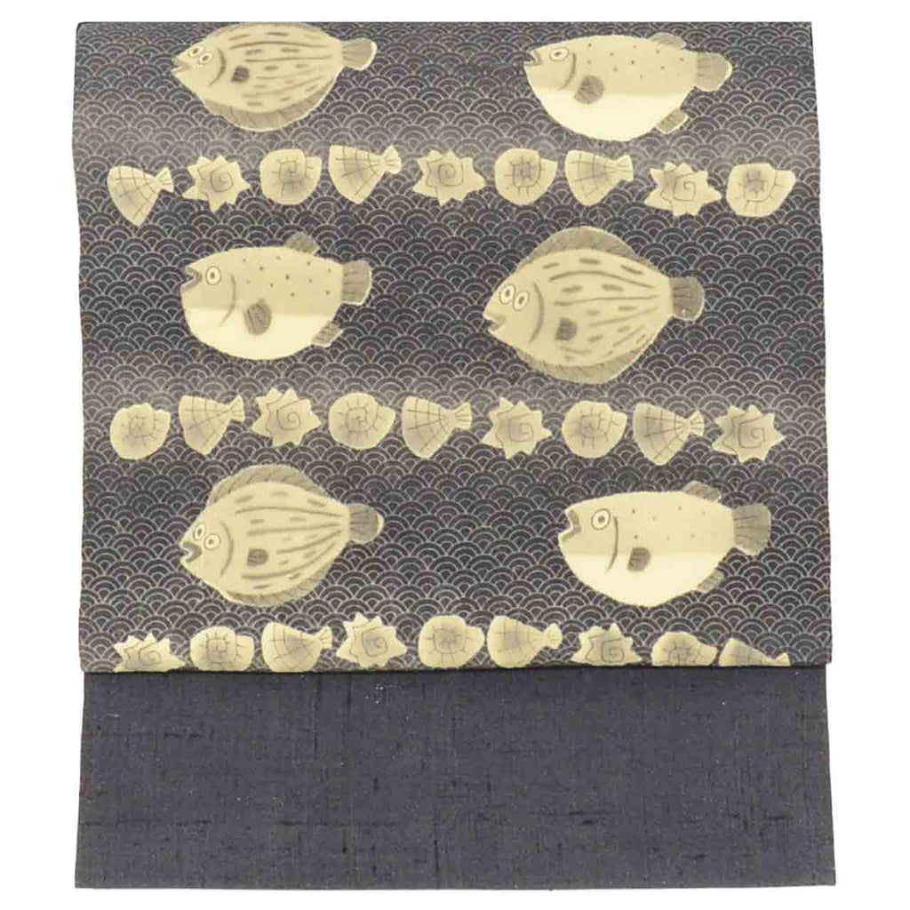 Vintage Japanese Obi | Nagoya Obi | Gray Silk Tsumugi | Flounder Puffer Fish Pattern | Artist Signed | Excellent | Sustainable | uu2295b