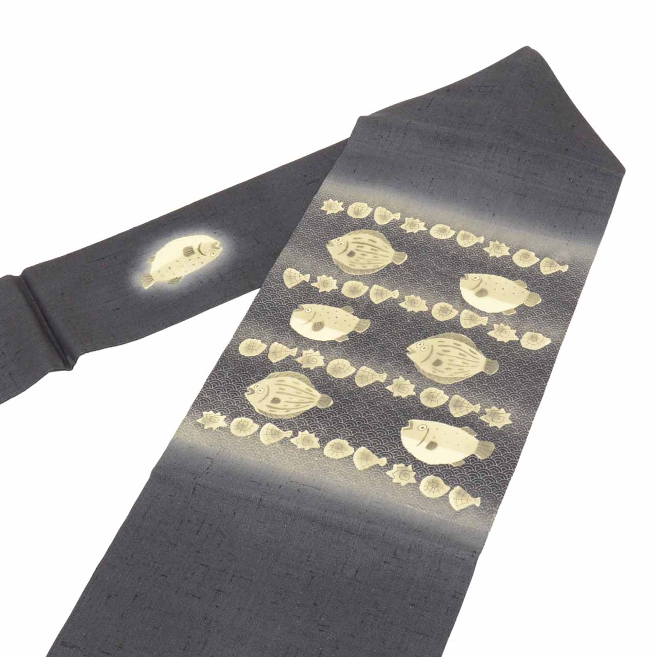 Vintage Japanese Obi | Nagoya Obi | Gray Silk Tsumugi | Flounder Puffer Fish Pattern | Artist Signed | Excellent | Sustainable | uu2295b