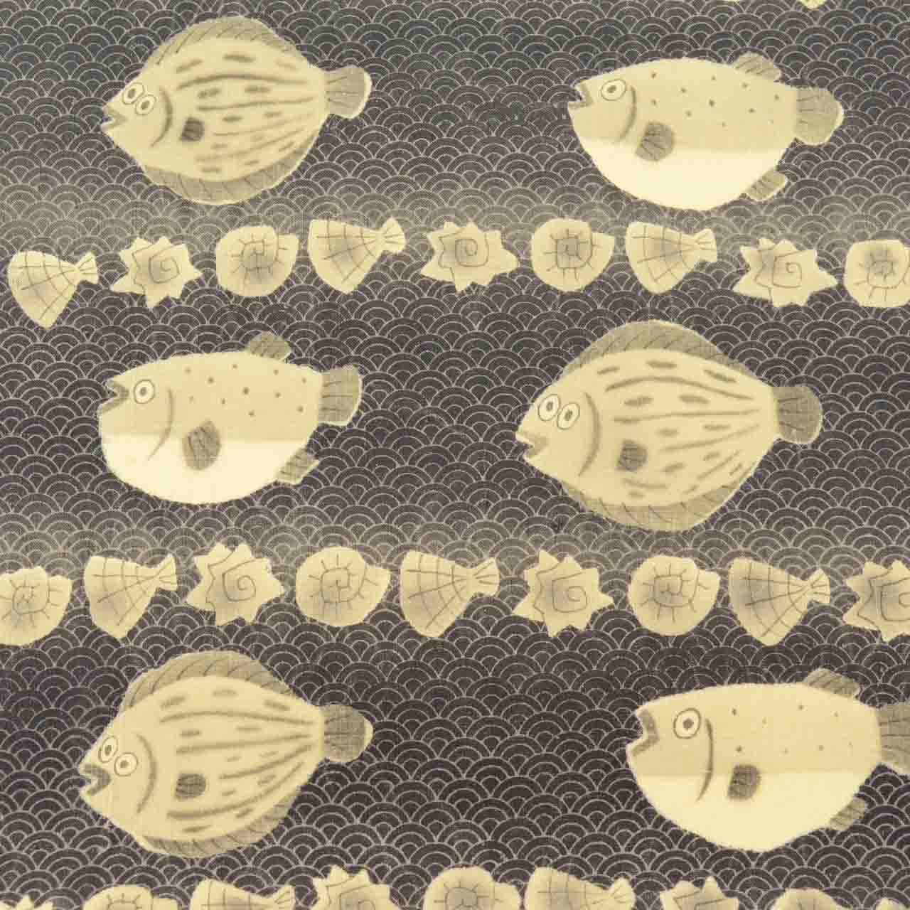 Vintage Japanese Obi | Nagoya Obi | Gray Silk Tsumugi | Flounder Puffer Fish Pattern | Artist Signed | Excellent | Sustainable | uu2295b
