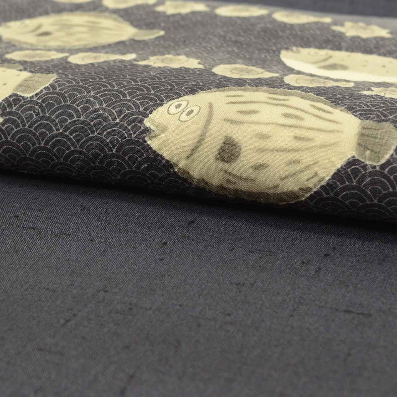Vintage Japanese Obi | Nagoya Obi | Gray Silk Tsumugi | Flounder Puffer Fish Pattern | Artist Signed | Excellent | Sustainable | uu2295b