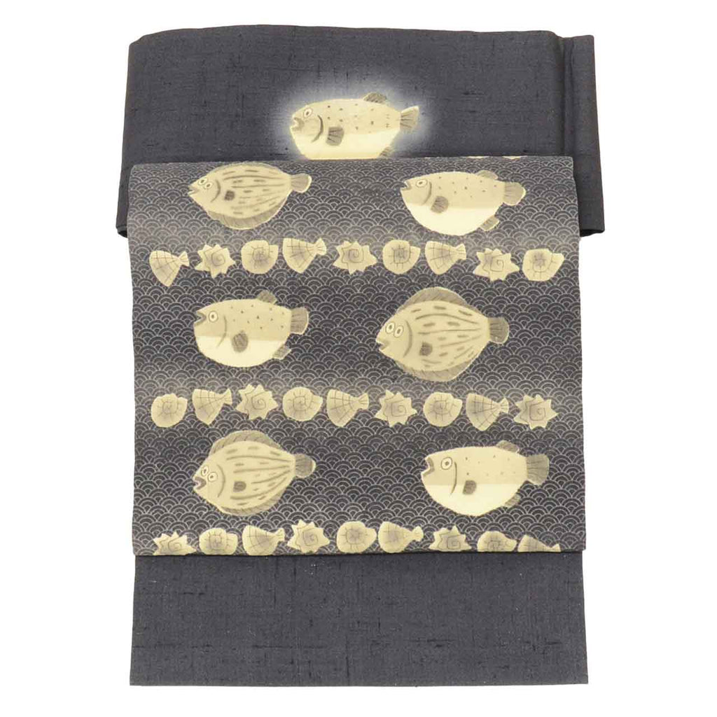 Vintage Japanese Obi | Nagoya Obi | Gray Silk Tsumugi | Flounder Puffer Fish Pattern | Artist Signed | Excellent | Sustainable | uu2295b