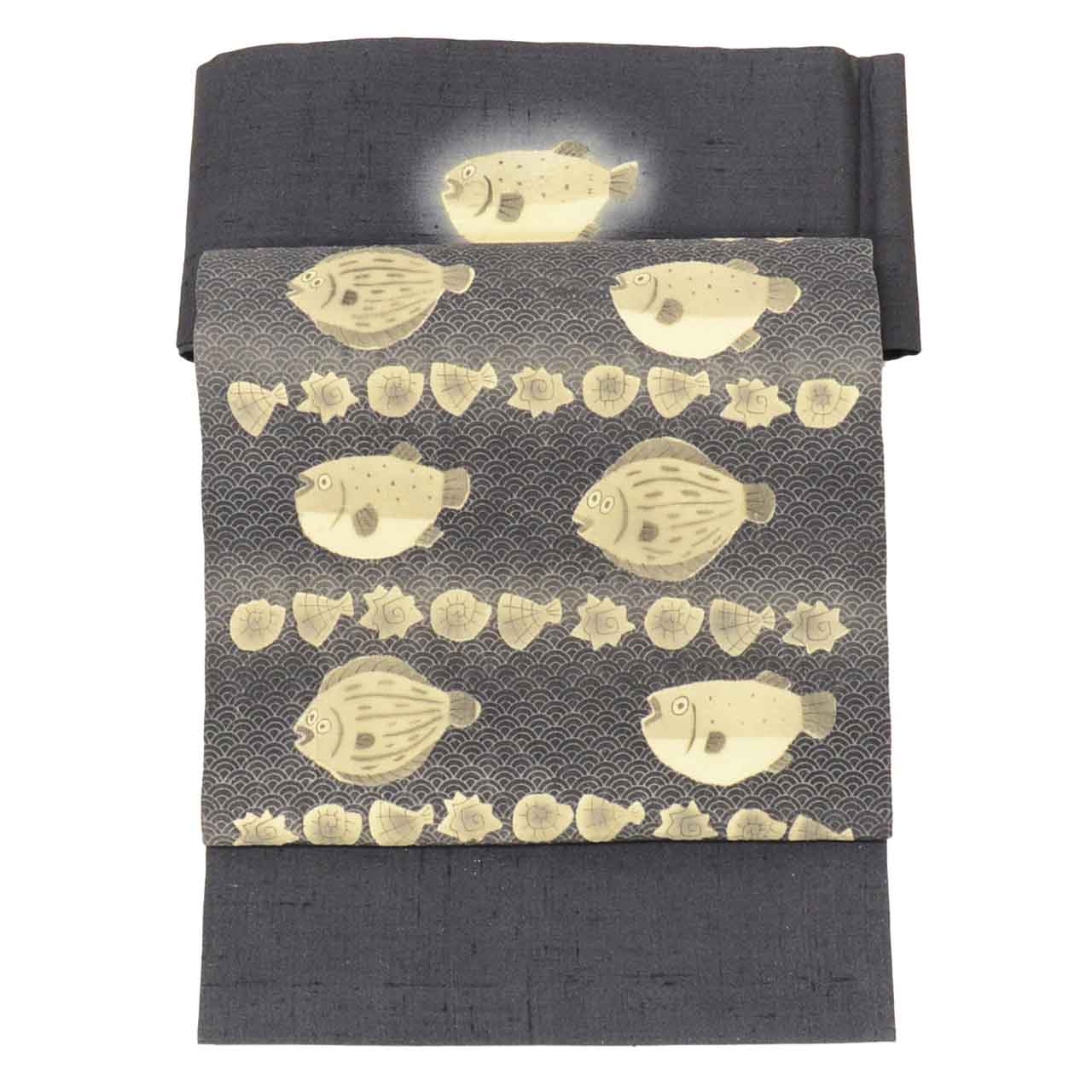 Vintage Japanese Obi | Nagoya Obi | Gray Silk Tsumugi | Flounder Puffer Fish Pattern | Artist Signed | Excellent | Sustainable | uu2295b