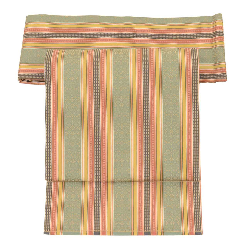 Vintage Japanese Obi | Nagoya Obi | Green Silk | Stripe Pattern | Excellent | Sustainable | uu2296b