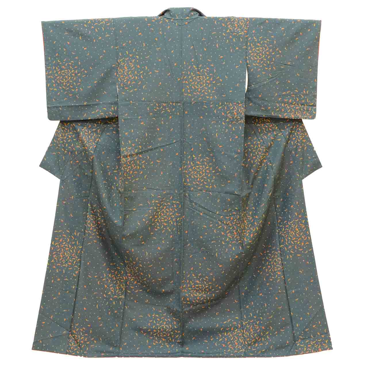 [Used] Recycled Kimono, Komon style, Pure Silk, Size M, Excellent Condition, Length 160.0cm (63.0in), Sleeve Length 62.8cm (24.7in), Lined, Ready-made, Green, Vegetable and Arare pattern, Silk, Reuse uu2306b 