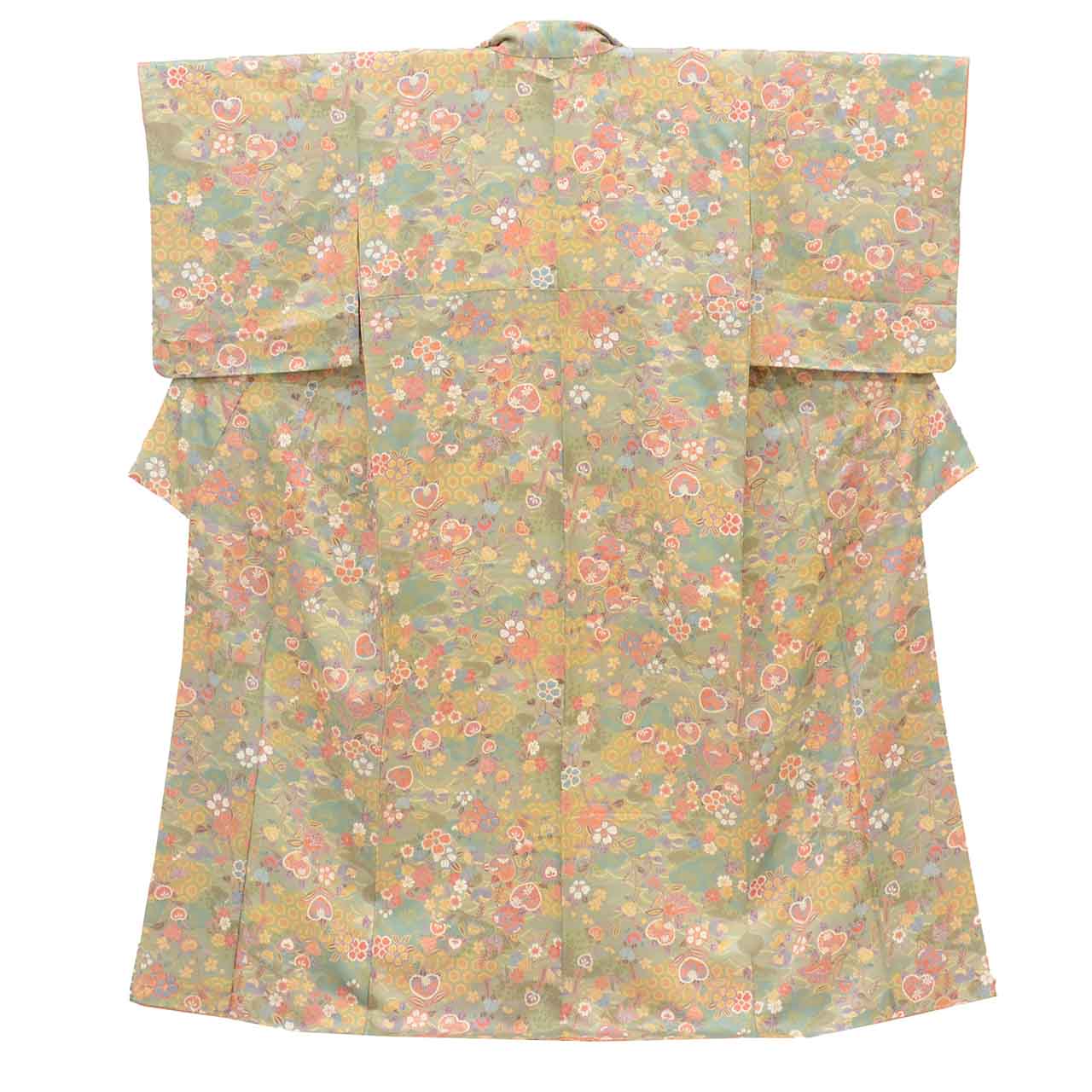 [Used] Recycled Kimono, Komon style, Pure Silk, Size M (Slightly Plus Size L), Good Condition, Length 156.5cm (61.6in), Sleeve Length 63.7cm (25.1in), Lined, Ready-made, Unused, Gold embroidery, Green, Four Seasons Flowers, Silk, Reuse uu2308b 