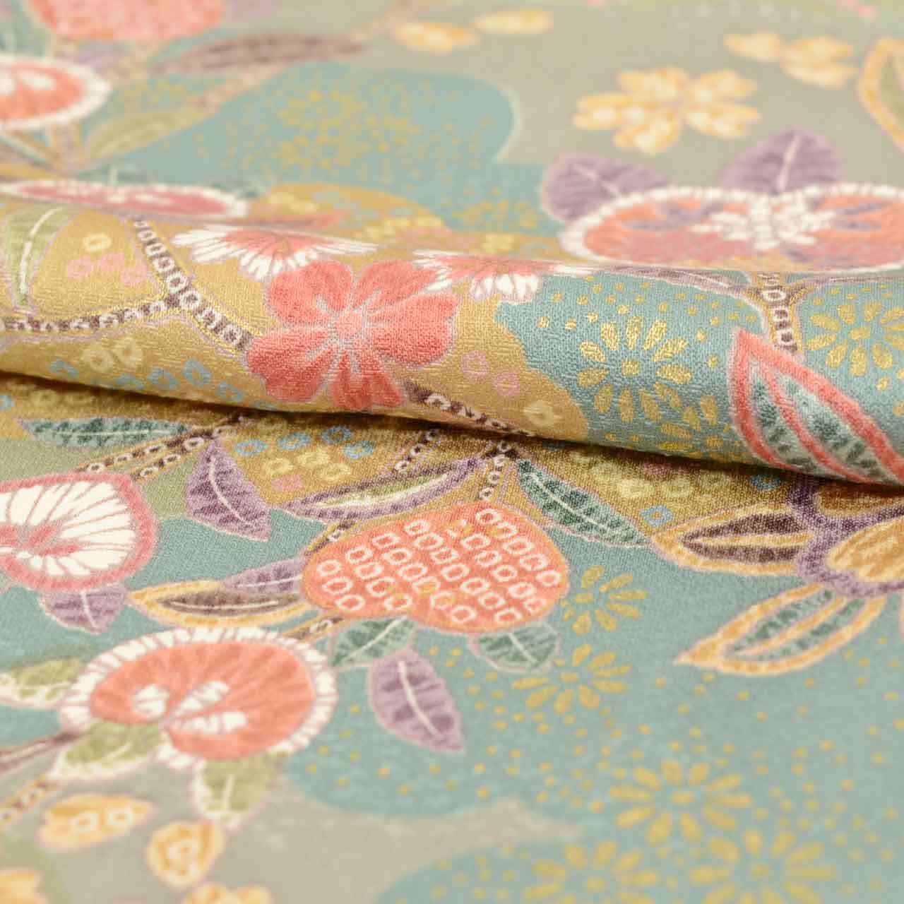 [Used] Recycled Kimono, Komon style, Pure Silk, Size M (Slightly Plus Size L), Good Condition, Length 156.5cm (61.6in), Sleeve Length 63.7cm (25.1in), Lined, Ready-made, Unused, Gold embroidery, Green, Four Seasons Flowers, Silk, Reuse uu2308b 