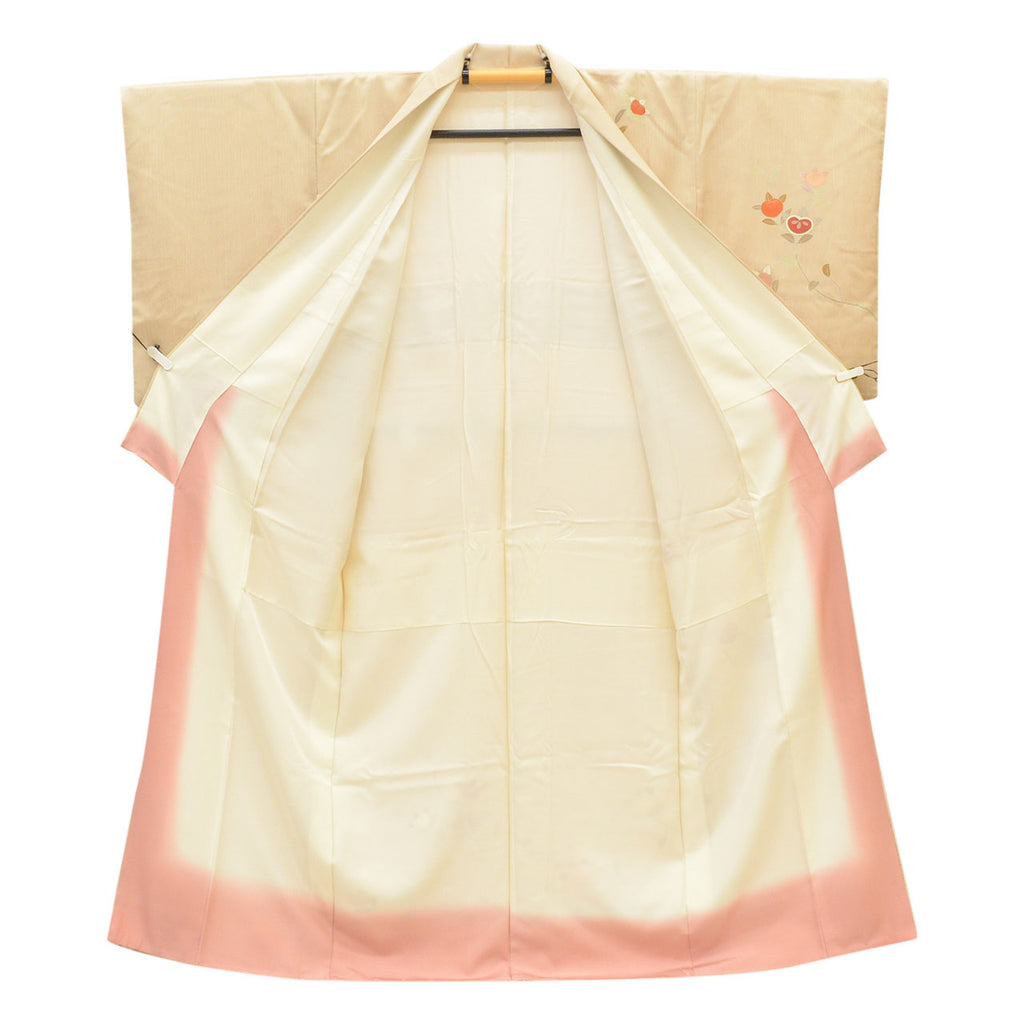 Vintage Japanese Kimono | Tsukesage | Beige Silk | Tachibana Citrus | Gold Foil | Size M-L | Sustainable | uu2309b