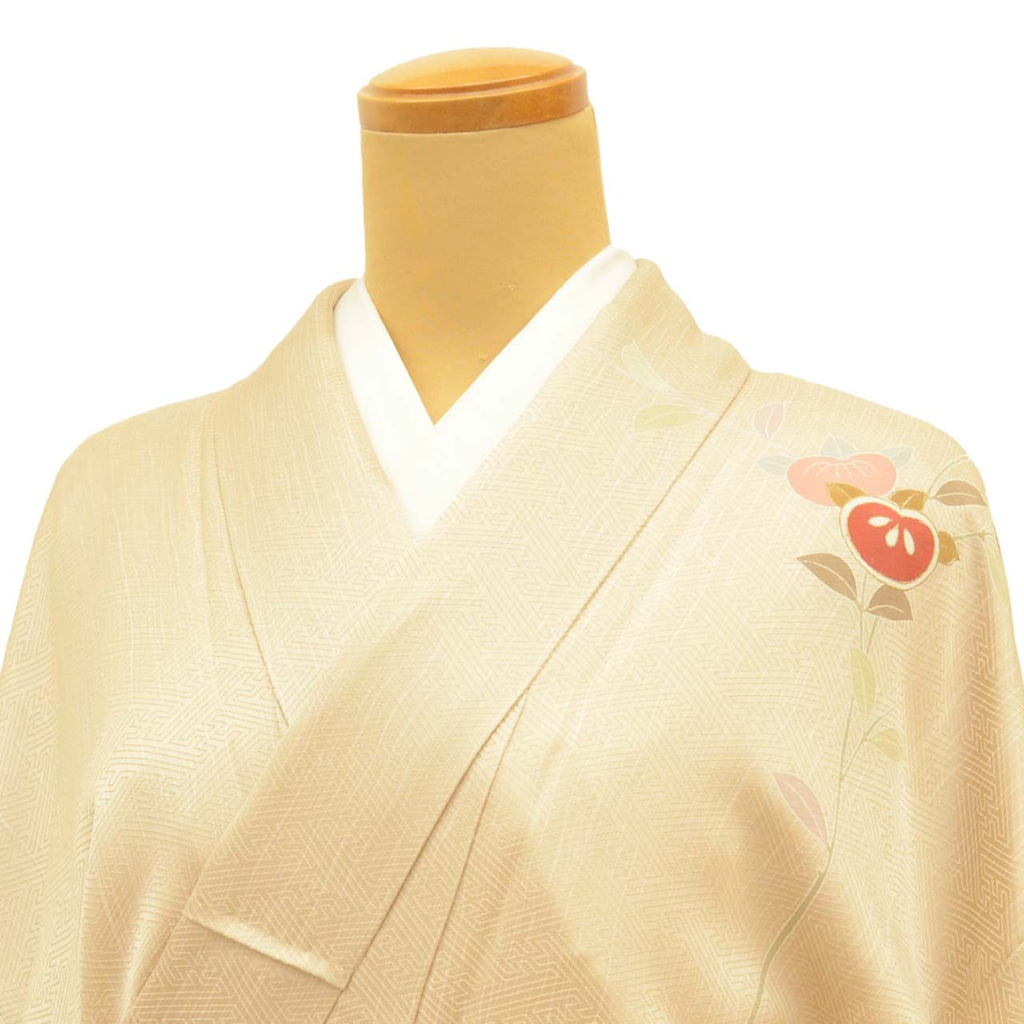 Vintage Japanese Kimono | Tsukesage | Beige Silk | Tachibana Citrus | Gold Foil | Size M-L | Sustainable | uu2309b