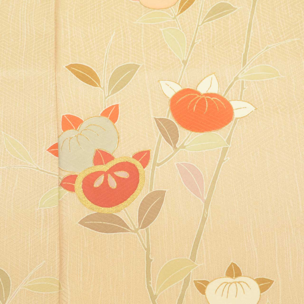Vintage Japanese Kimono | Tsukesage | Beige Silk | Tachibana Citrus | Gold Foil | Size M-L | Sustainable | uu2309b