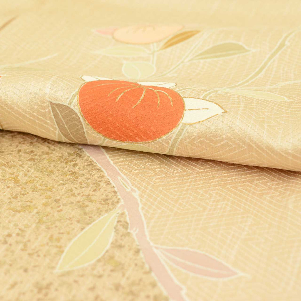 Vintage Japanese Kimono | Tsukesage | Beige Silk | Tachibana Citrus | Gold Foil | Size M-L | Sustainable | uu2309b