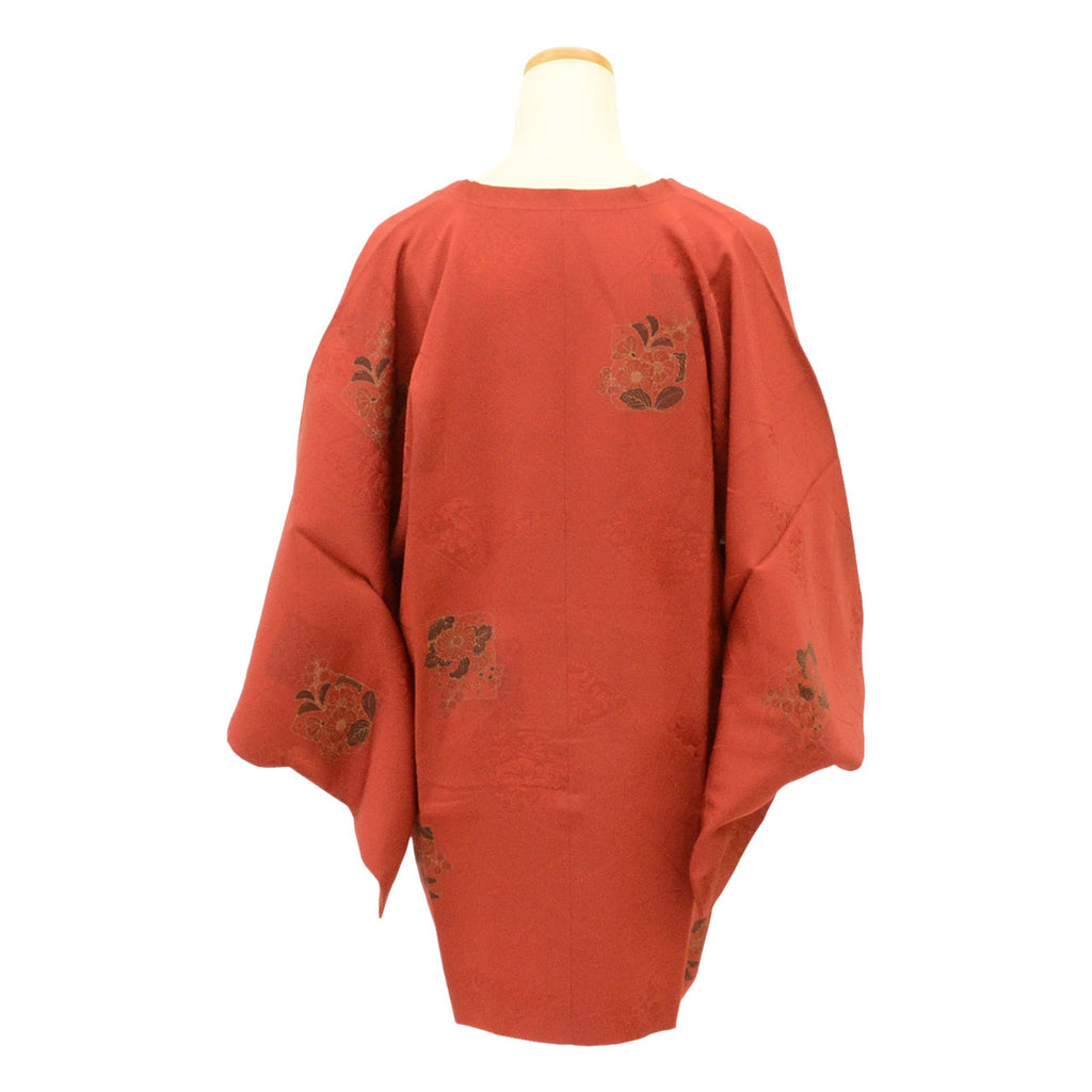 Vintage Japanese Kimono | Michiyuki Coat | Brown Silk | Fan Paper Camellia Pattern | Sustainable | uu2333b