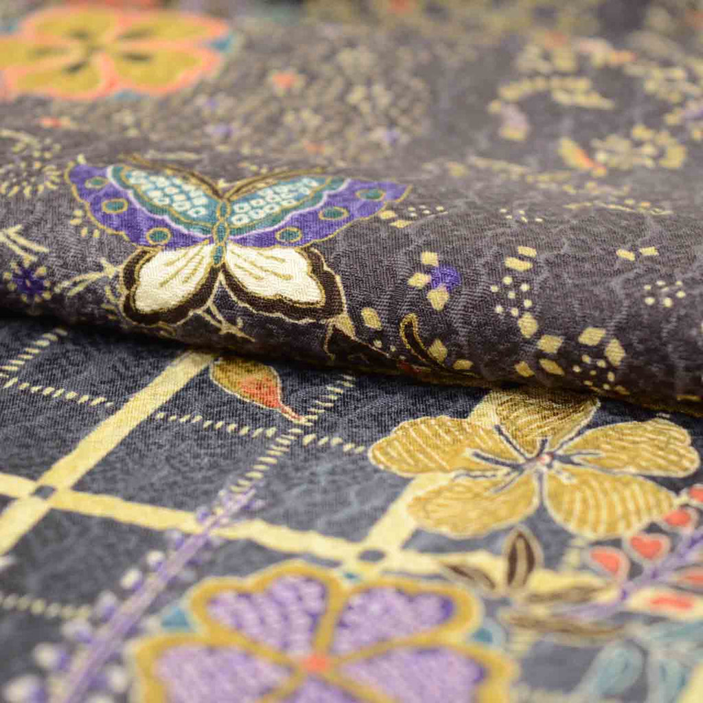 [Used] Recycled Kimono, Komon style, Pure Silk, Size L, Good Condition, Length 163.5cm (64.4in), Textured Weave, Sleeve Length 65.5cm (25.8in), Lined, Ready-made, Black, Floral, Pine, Butterfly, Checkered Pattern, Silk, Reuse uu2342b 