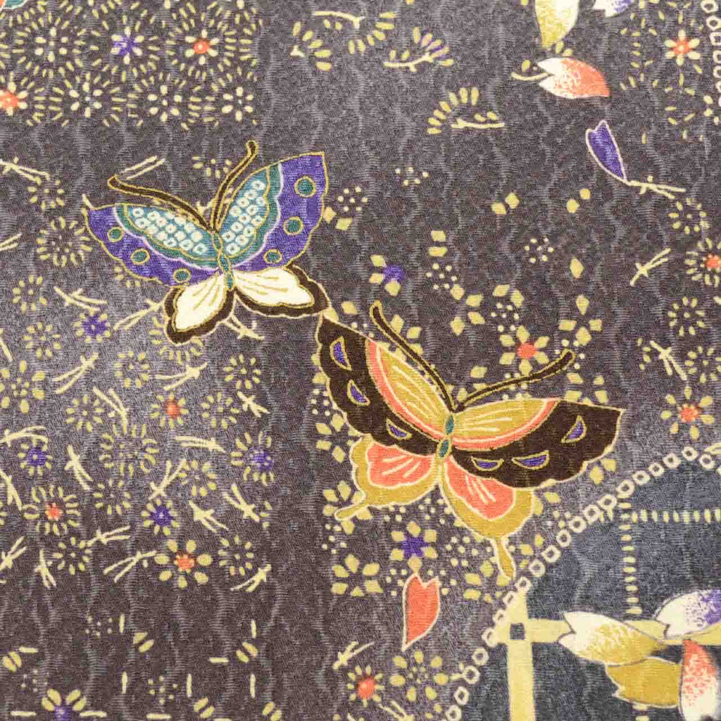 [Used] Recycled Kimono, Komon style, Pure Silk, Size L, Good Condition, Length 163.5cm (64.4in), Textured Weave, Sleeve Length 65.5cm (25.8in), Lined, Ready-made, Black, Floral, Pine, Butterfly, Checkered Pattern, Silk, Reuse uu2342b 