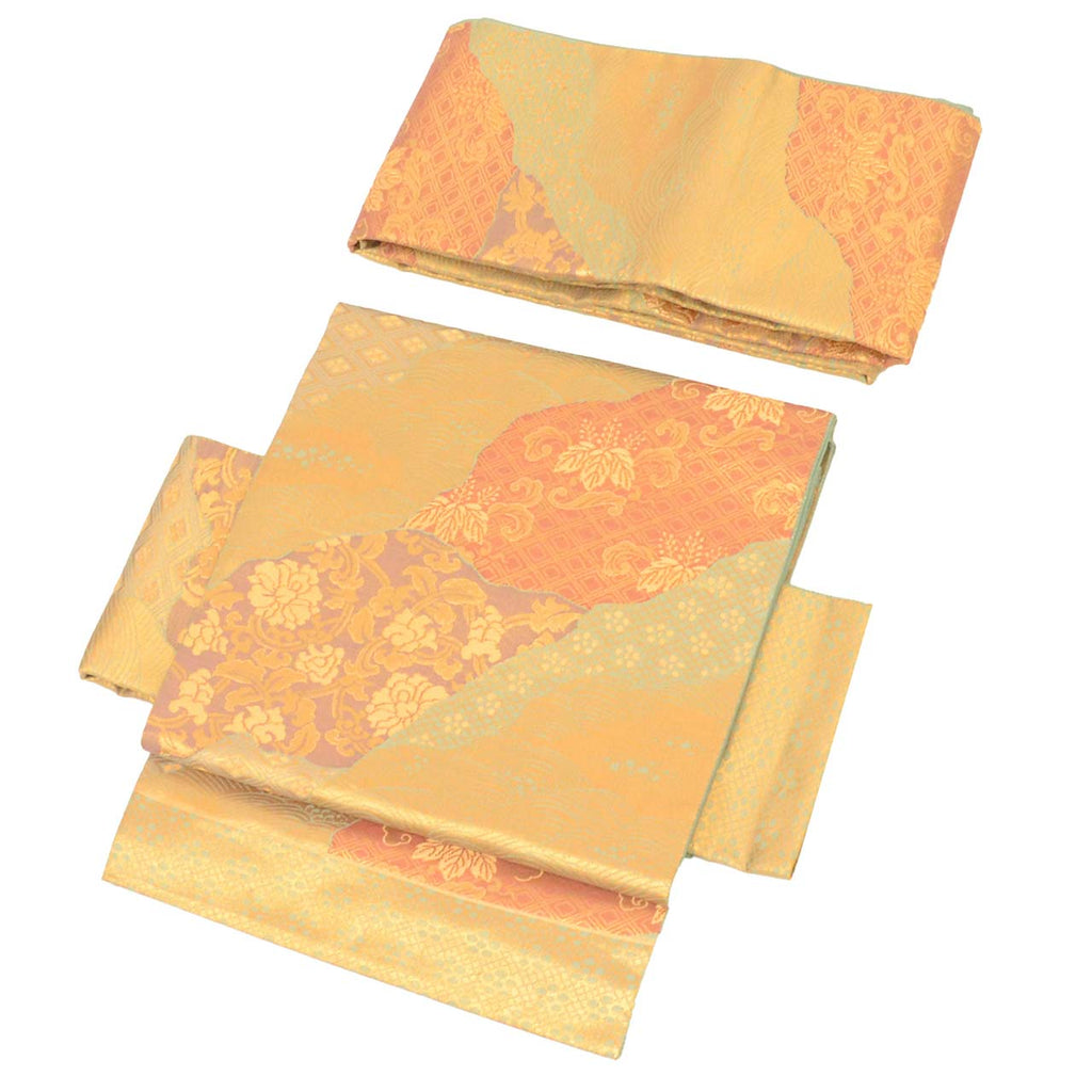 Vintage Japanese Obi | Pre-tied Fukuro Obi | Silk | Wave Paulownia Floral Arabesque | Gold Thread | Formal | Sustainable | uu2350b
