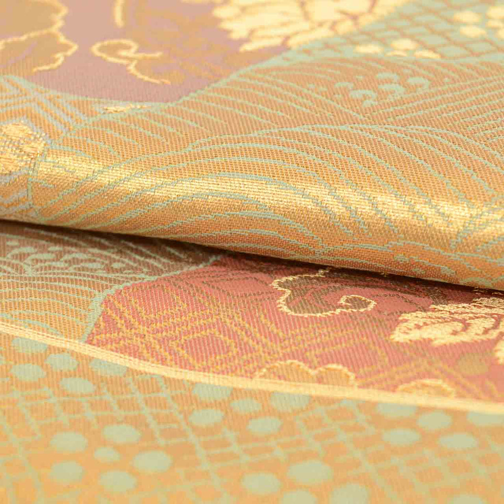 Vintage Japanese Obi | Pre-tied Fukuro Obi | Silk | Wave Paulownia Floral Arabesque | Gold Thread | Formal | Sustainable | uu2350b
