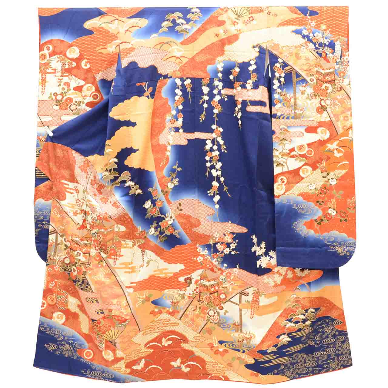 [Used] Recycled Kimono, Furisode (long-sleeved kimono), Vintage Furisode, Pure Silk, Size L (Slightly Plus Size L), Special Item, Length 164.5cm, Sleeve Length 66.3cm, Lined, Ready-made, Gold Leaf, Gold Embroidery, Navy Blue, SILK, uu2364b 