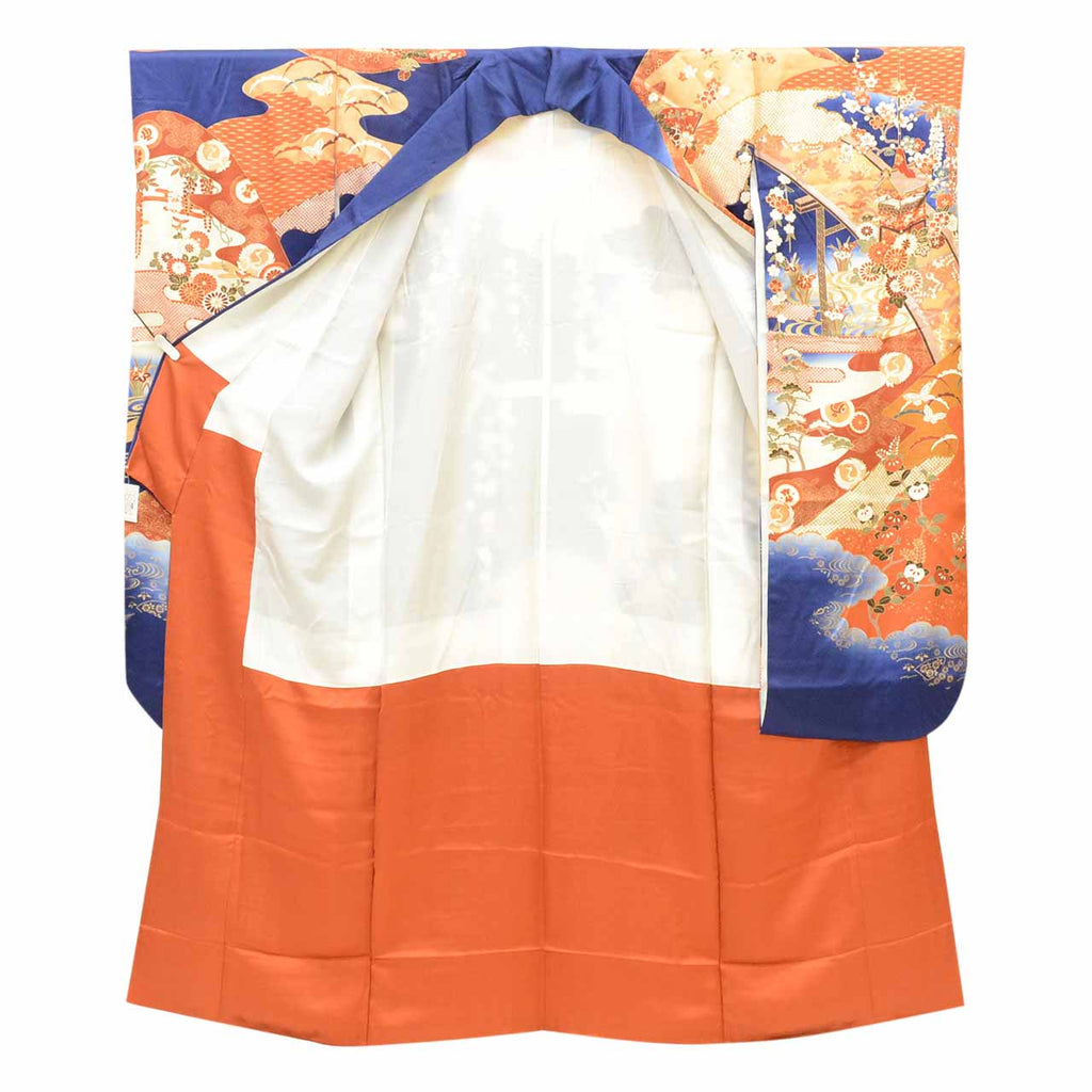 [Used] Recycled Kimono, Furisode (long-sleeved kimono), Vintage Furisode, Pure Silk, Size L (Slightly Plus Size L), Special Item, Length 164.5cm, Sleeve Length 66.3cm, Lined, Ready-made, Gold Leaf, Gold Embroidery, Navy Blue, SILK, uu2364b 