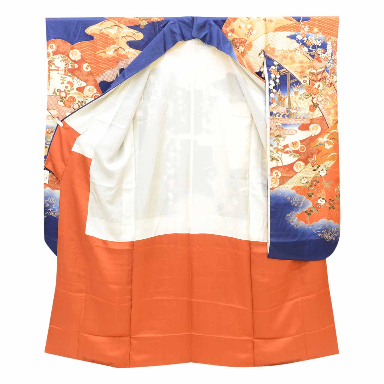 [Used] Recycled Kimono, Furisode (long-sleeved kimono), Vintage Furisode, Pure Silk, Size L (Slightly Plus Size L), Special Item, Length 164.5cm, Sleeve Length 66.3cm, Lined, Ready-made, Gold Leaf, Gold Embroidery, Navy Blue, SILK, uu2364b 