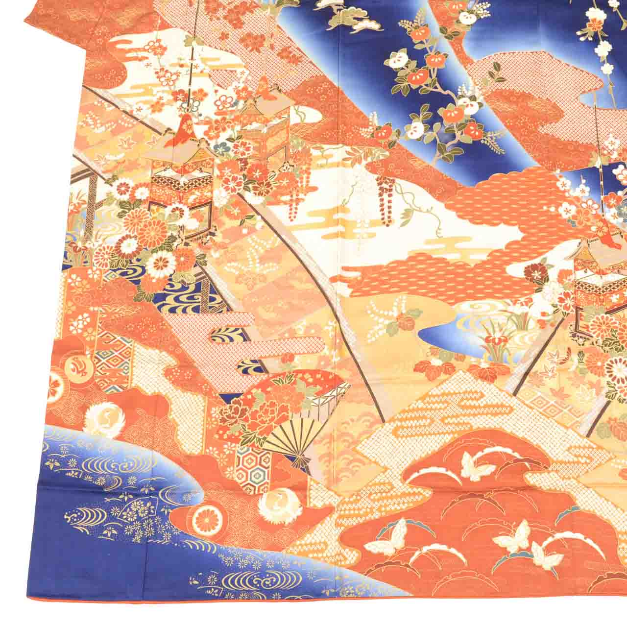 [Used] Recycled Kimono, Furisode (long-sleeved kimono), Vintage Furisode, Pure Silk, Size L (Slightly Plus Size L), Special Item, Length 164.5cm, Sleeve Length 66.3cm, Lined, Ready-made, Gold Leaf, Gold Embroidery, Navy Blue, SILK, uu2364b 
