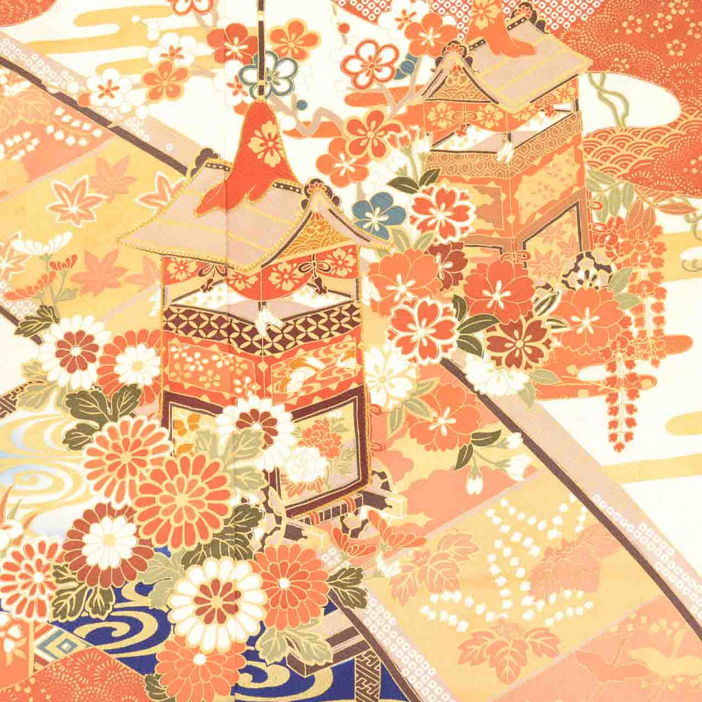 [Used] Recycled Kimono, Furisode (long-sleeved kimono), Vintage Furisode, Pure Silk, Size L (Slightly Plus Size L), Special Item, Length 164.5cm, Sleeve Length 66.3cm, Lined, Ready-made, Gold Leaf, Gold Embroidery, Navy Blue, SILK, uu2364b 