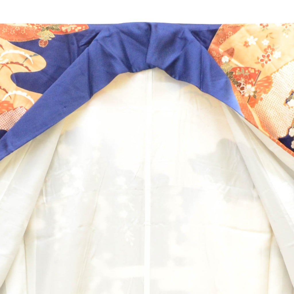 [Used] Recycled Kimono, Furisode (long-sleeved kimono), Vintage Furisode, Pure Silk, Size L (Slightly Plus Size L), Special Item, Length 164.5cm, Sleeve Length 66.3cm, Lined, Ready-made, Gold Leaf, Gold Embroidery, Navy Blue, SILK, uu2364b 