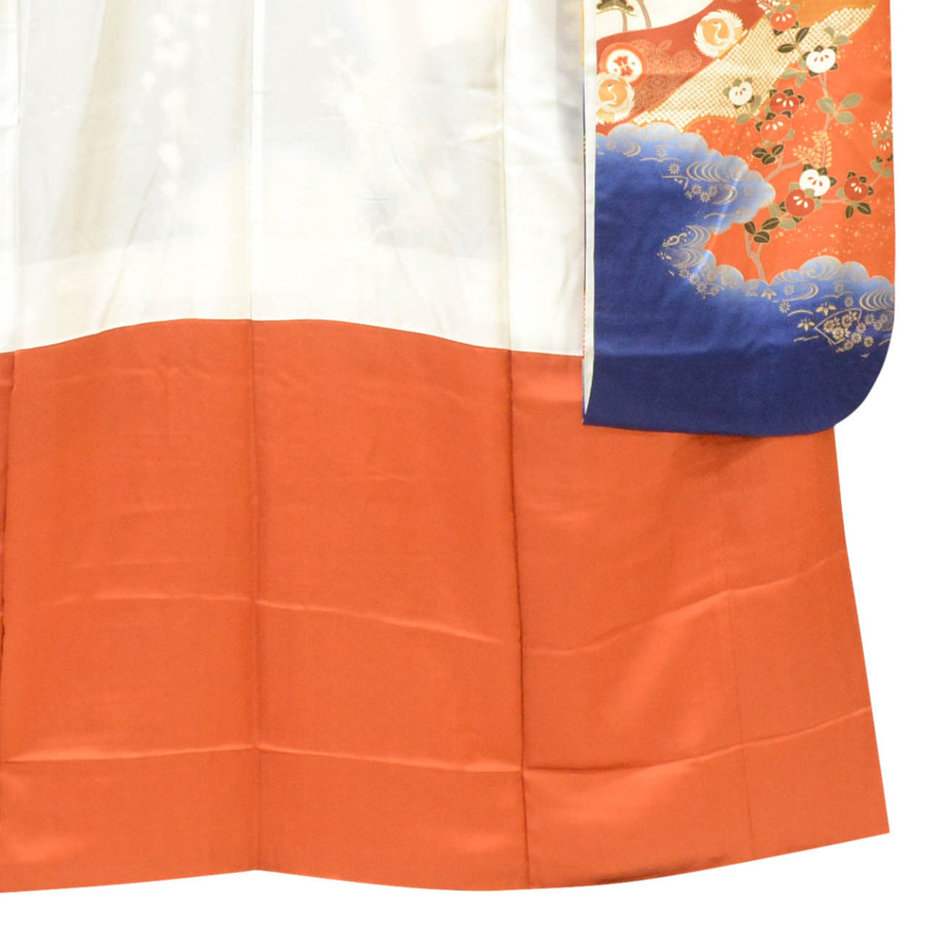[Used] Recycled Kimono, Furisode (long-sleeved kimono), Vintage Furisode, Pure Silk, Size L (Slightly Plus Size L), Special Item, Length 164.5cm, Sleeve Length 66.3cm, Lined, Ready-made, Gold Leaf, Gold Embroidery, Navy Blue, SILK, uu2364b 