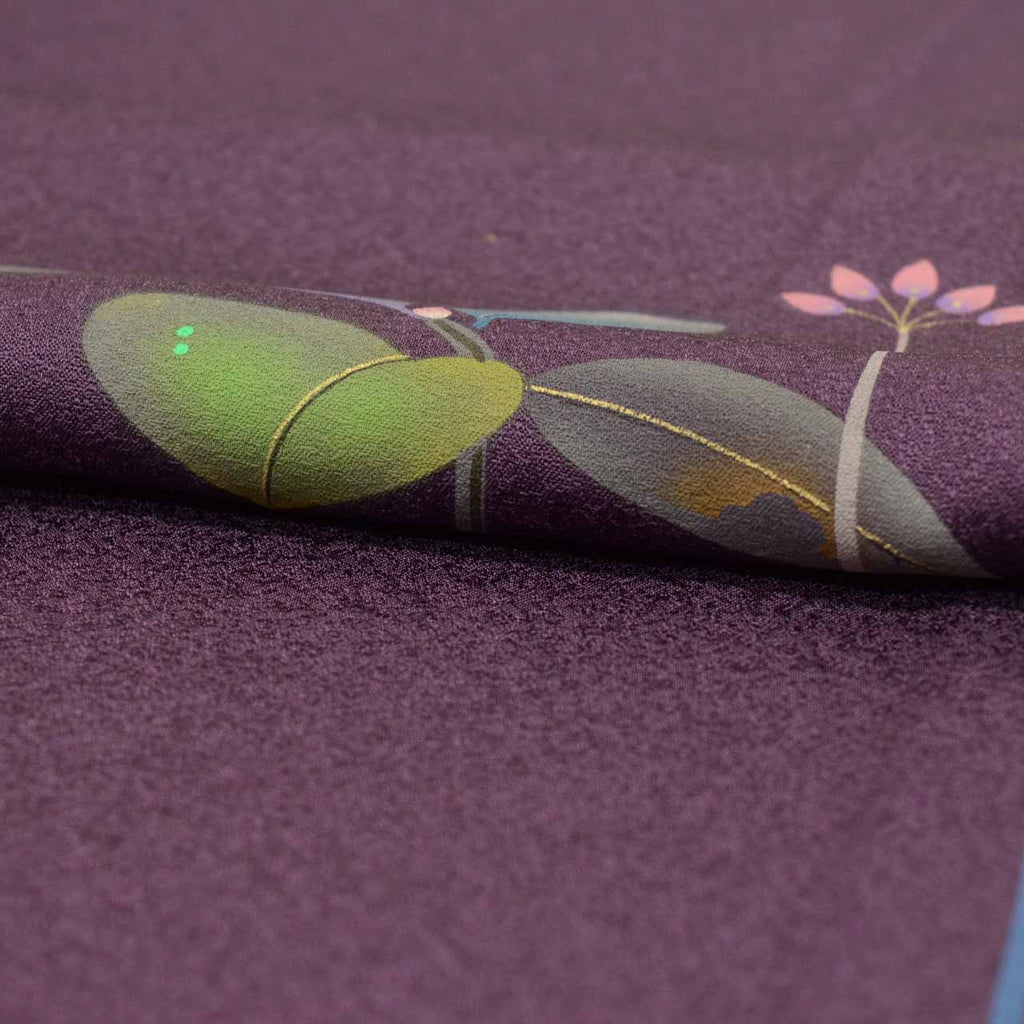 Vintage Japanese Kimono | Tsukesage | Purple Silk | Floral Pattern | Pearl-tone | Unlined | Size L | Sustainable | uu2376b