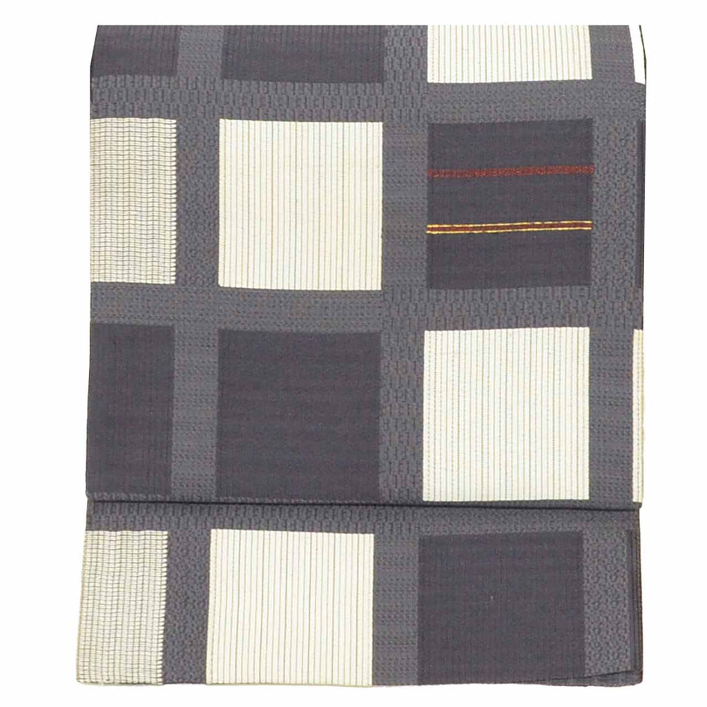 Vintage Japanese Obi | Fukuro Obi | Gray White Silk | Lattice Pattern | Gold Thread | Sustainable | uu2383b