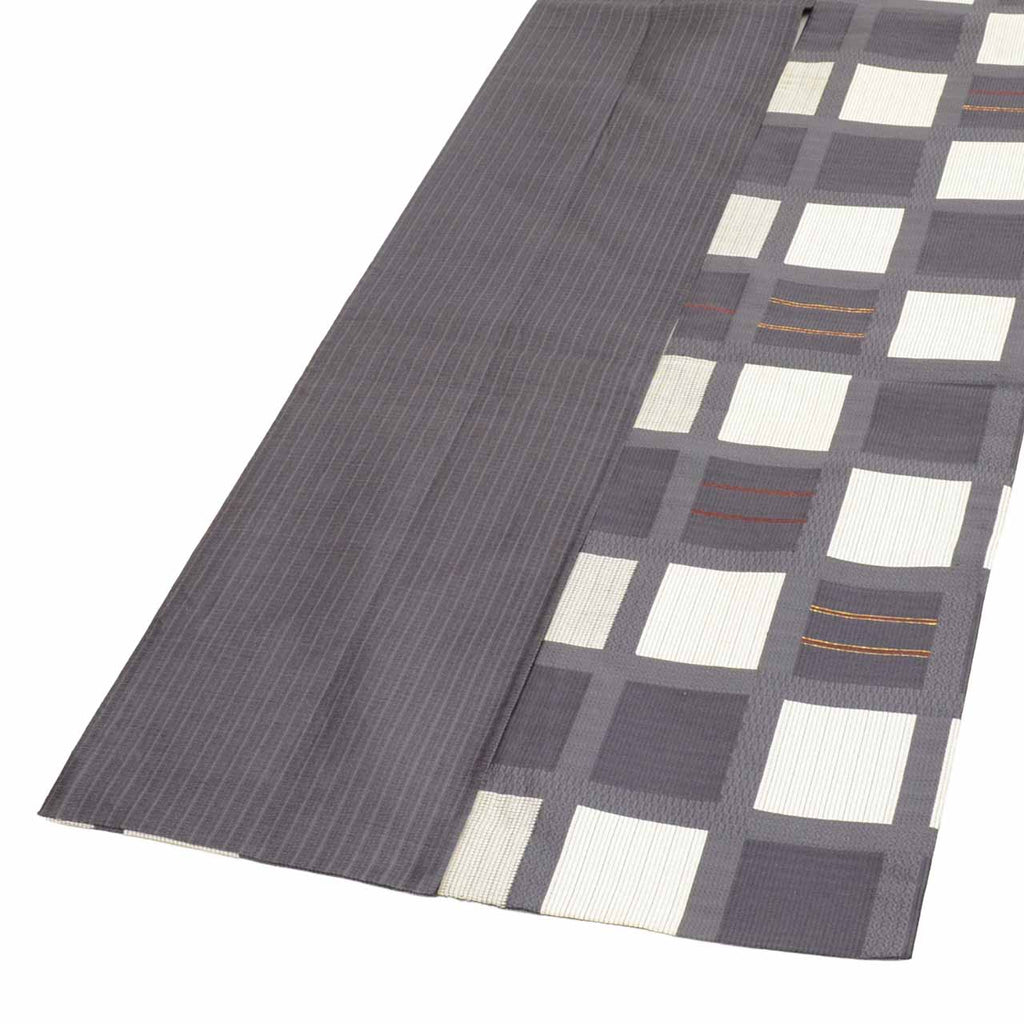 Vintage Japanese Obi | Fukuro Obi | Gray White Silk | Lattice Pattern | Gold Thread | Sustainable | uu2383b