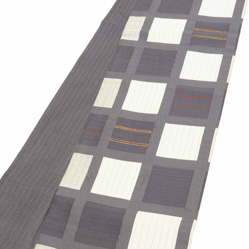 Vintage Japanese Obi | Fukuro Obi | Gray White Silk | Lattice Pattern | Gold Thread | Sustainable | uu2383b