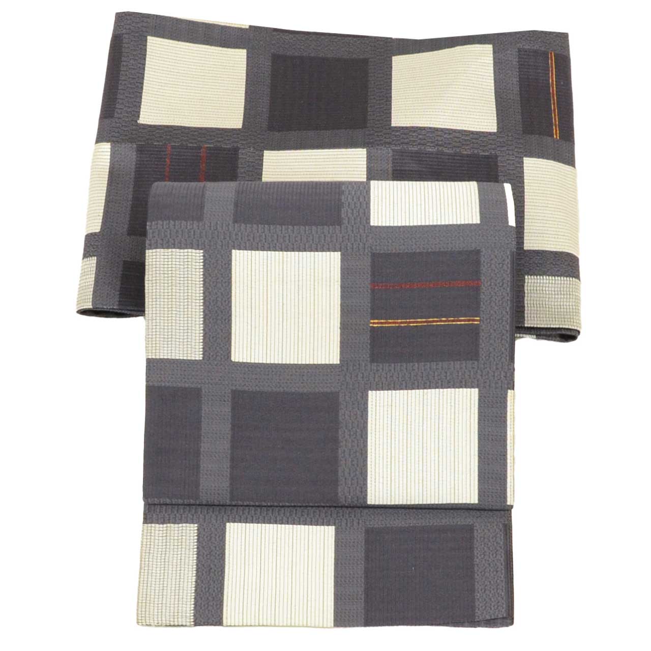 Vintage Japanese Obi | Fukuro Obi | Gray White Silk | Lattice Pattern | Gold Thread | Sustainable | uu2383b