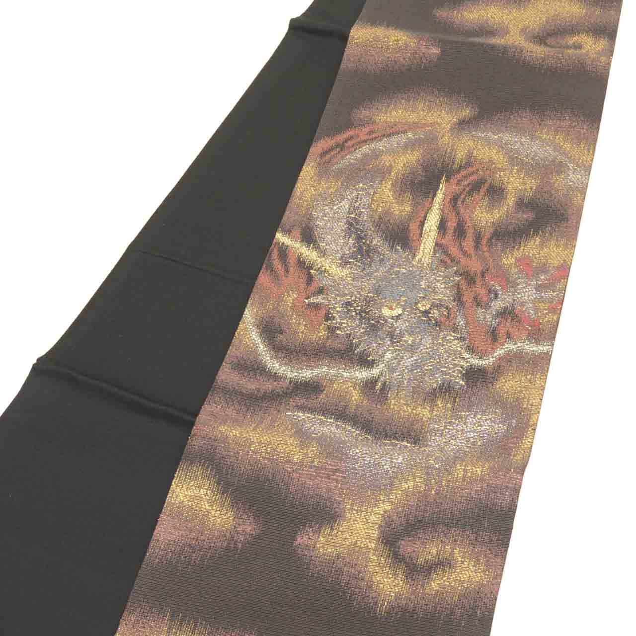 Vintage Japanese Obi | Fukuro Obi | Black Gold Silk | Dragon Pattern | Sukoyaka Guard | Excellent | Sustainable | uu2385b