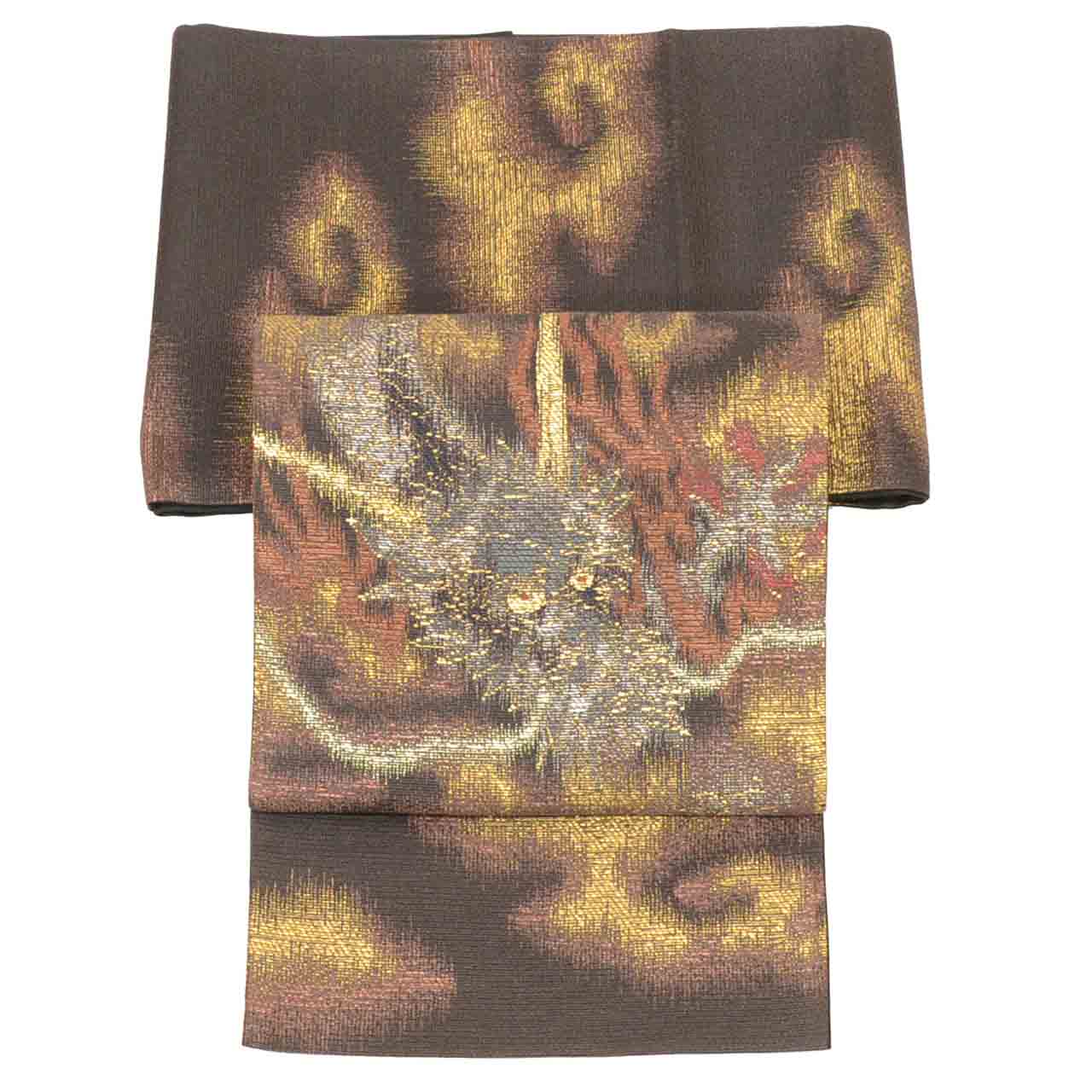 Vintage Japanese Obi | Fukuro Obi | Black Gold Silk | Dragon Pattern | Sukoyaka Guard | Excellent | Sustainable | uu2385b