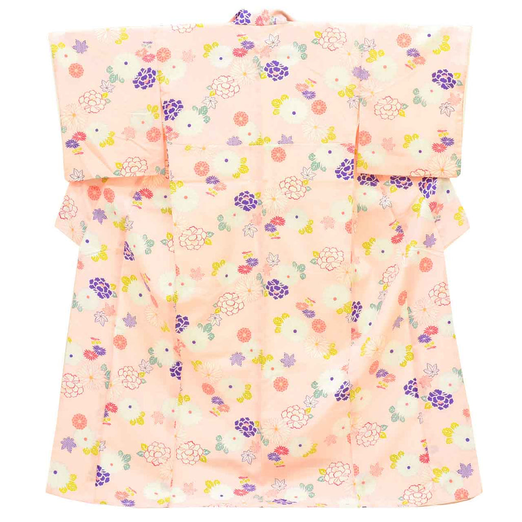 [Used] Recycled Kimono, Komon style, Synthetic fiber, Size L (Slightly plus size L), Good condition, Length 164cm, Sleeve length 67.5cm, Lined, Ready-made, Excellent condition, Washable, Pink, Chrysanthemum, Peony, Maple leaf pattern, Reused, uu2395b 