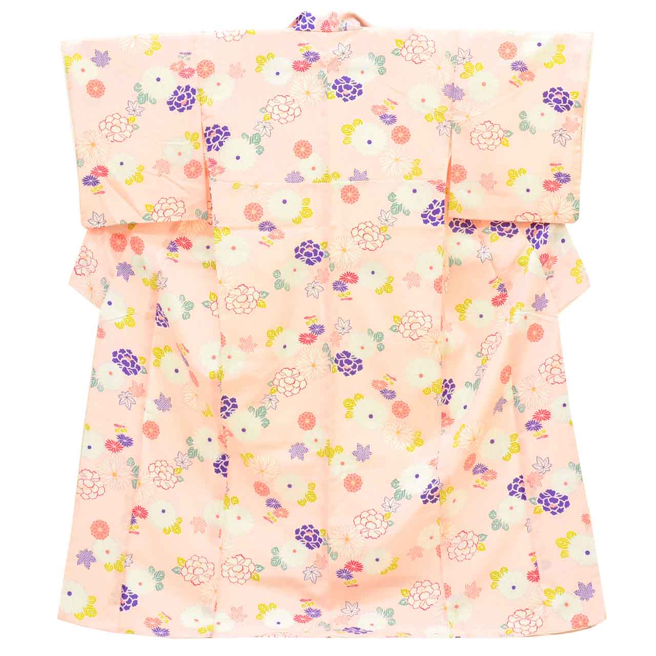 [Used] Recycled Kimono, Komon style, Synthetic fiber, Size L (Slightly plus size L), Good condition, Length 164cm, Sleeve length 67.5cm, Lined, Ready-made, Excellent condition, Washable, Pink, Chrysanthemum, Peony, Maple leaf pattern, Reused, uu2395b 