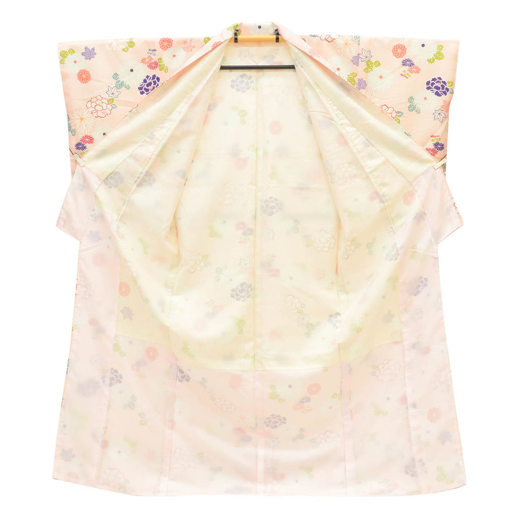 [Used] Recycled Kimono, Komon style, Synthetic fiber, Size L (Slightly plus size L), Good condition, Length 164cm, Sleeve length 67.5cm, Lined, Ready-made, Excellent condition, Washable, Pink, Chrysanthemum, Peony, Maple leaf pattern, Reused, uu2395b 