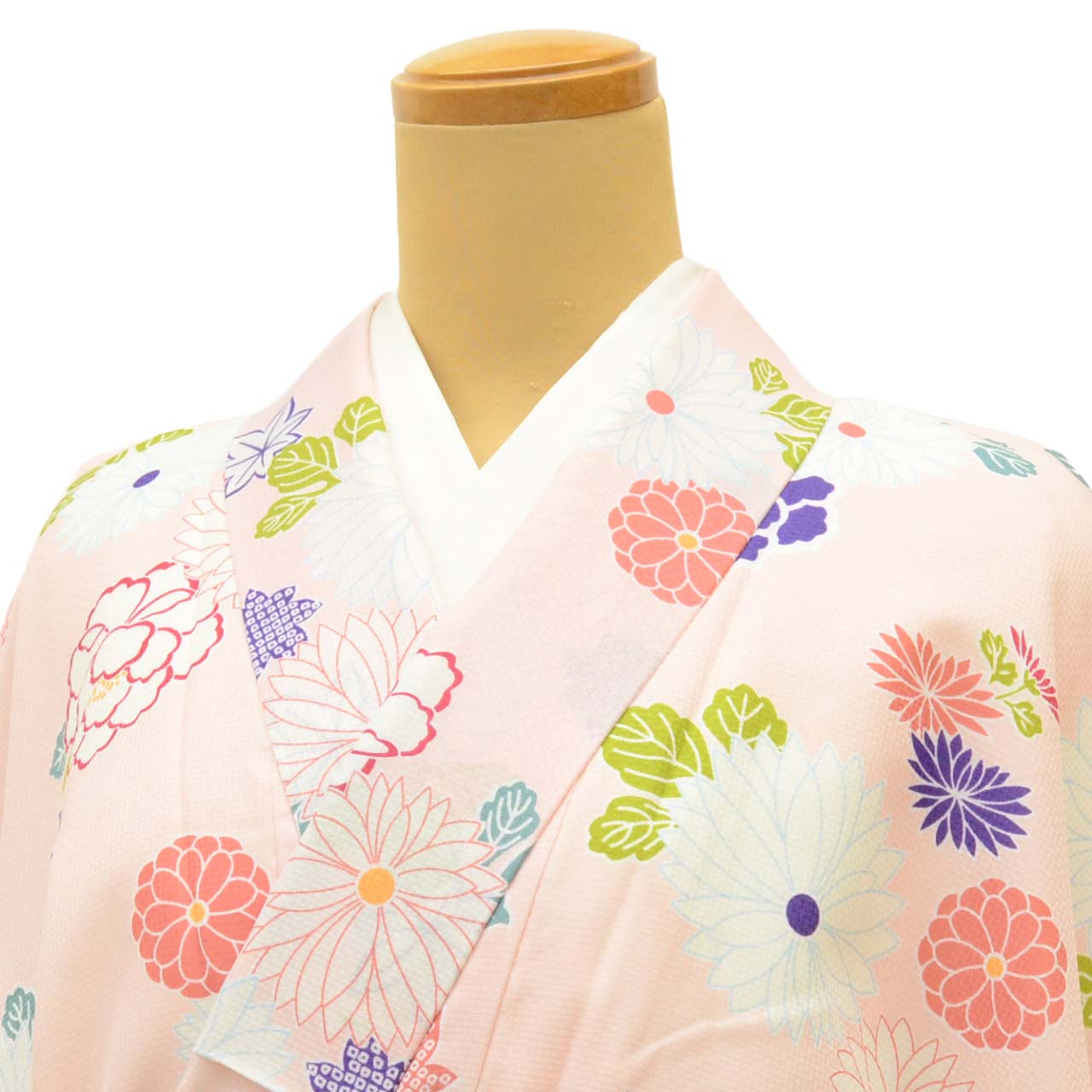 [Used] Recycled Kimono, Komon style, Synthetic fiber, Size L (Slightly plus size L), Good condition, Length 164cm, Sleeve length 67.5cm, Lined, Ready-made, Excellent condition, Washable, Pink, Chrysanthemum, Peony, Maple leaf pattern, Reused, uu2395b 
