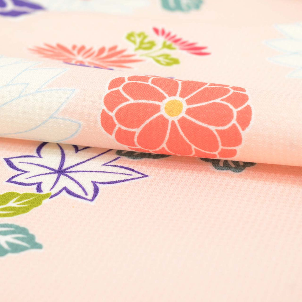 [Used] Recycled Kimono, Komon style, Synthetic fiber, Size L (Slightly plus size L), Good condition, Length 164cm, Sleeve length 67.5cm, Lined, Ready-made, Excellent condition, Washable, Pink, Chrysanthemum, Peony, Maple leaf pattern, Reused, uu2395b 